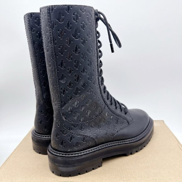 Jimmy Choo Cora Monogram Logo Debossed Combat Boots Black Leather EU 36.5 US 6.5 - Picture 8 of 9